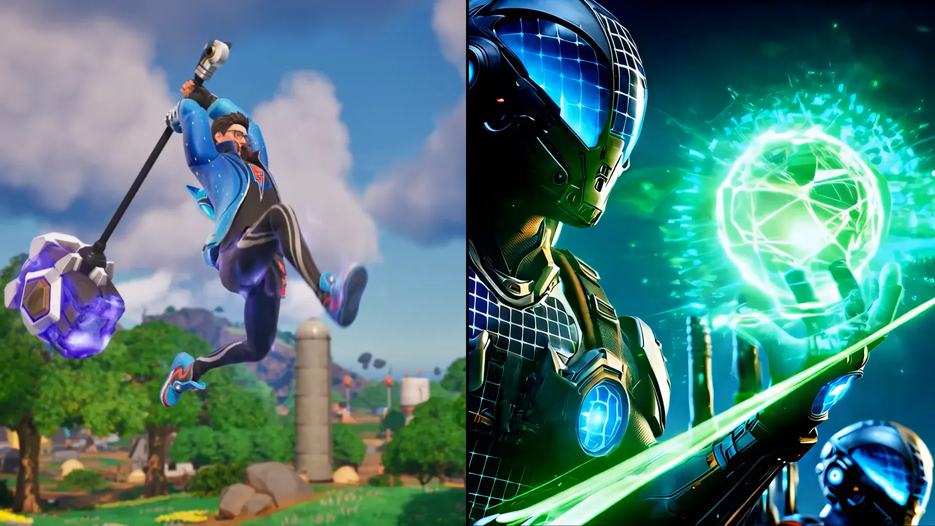 À esquerda, a skin do Flakes Power saltando no céu do Fortnite; à direita, um atleta da Cidade da Blade, do lançamento do BYD Yuan Pro, com a energia verde na mão